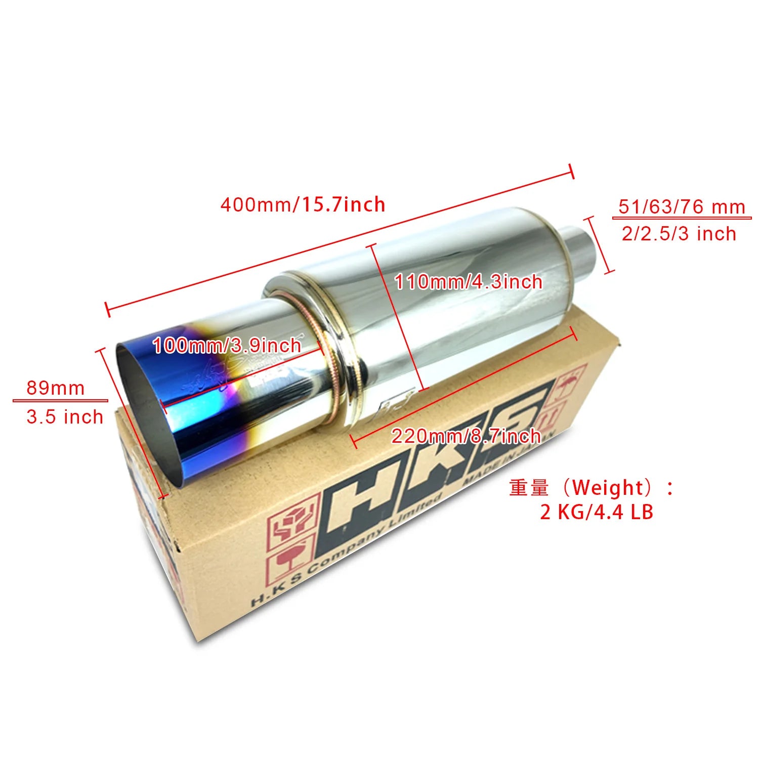 Universal 3.5" 89mm HKS Hi-Power Exhaust Muffler, High Rev Sound,Titanium Burnt Tip, High Flow Racing Sound Muffler