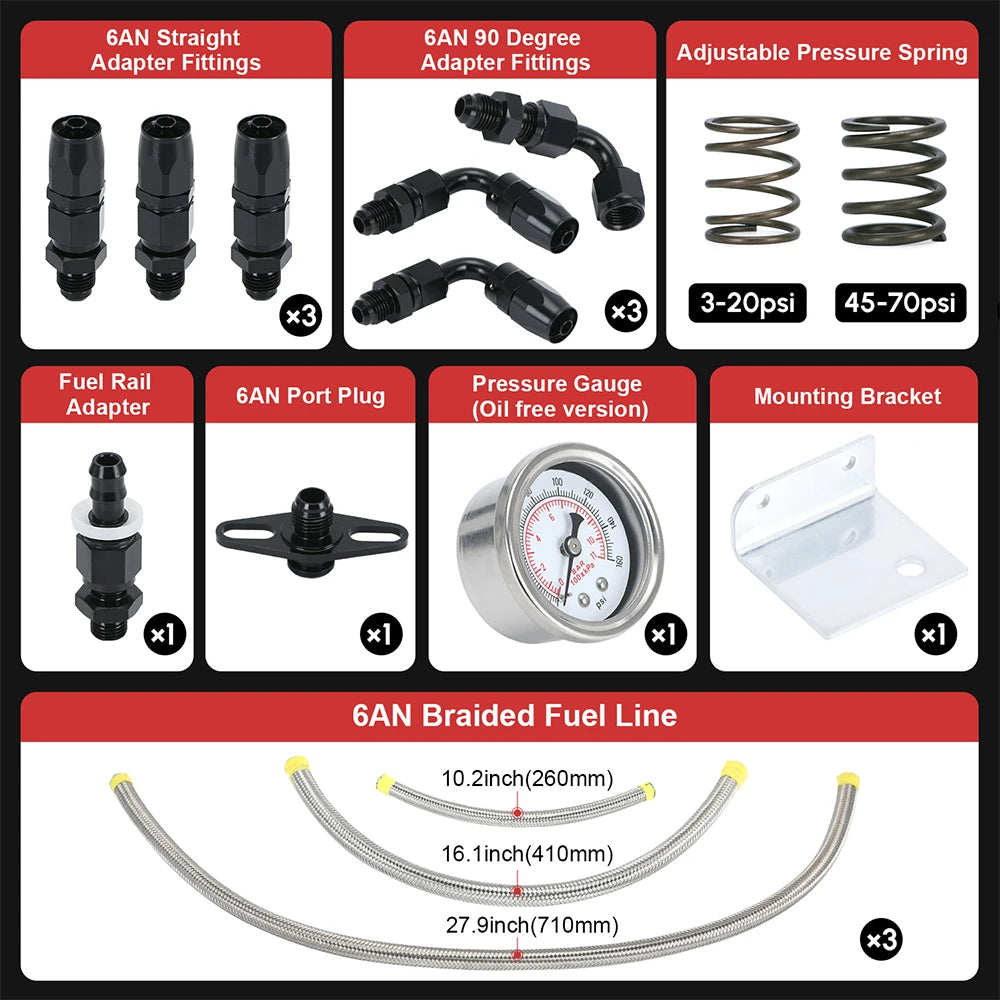 Universal Adjustable Fuel Pressure Regulator Kit | AN8 Feed, AN6 Return, 0–160 PSI Gauge