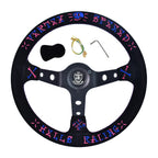 VERTEX Universal Racing Steering Wheel Black Spoke Suede Embroidered Sports Steering Wheel With 6 Holes