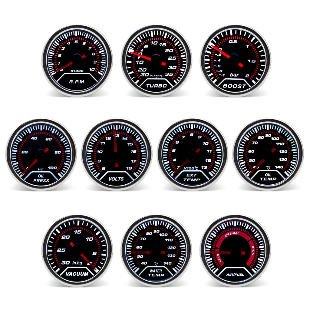 52mm LED Racing Gauge – Smoke Lens | Turbo Boost, Oil Pressure, Oil Temp, Water Temp & More