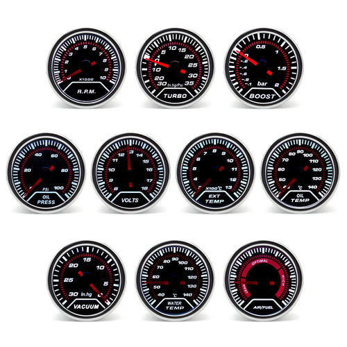 52mm LED Racing Gauge – Smoke Lens | Turbo Boost, Oil Pressure, Oil Temp, Water Temp & More