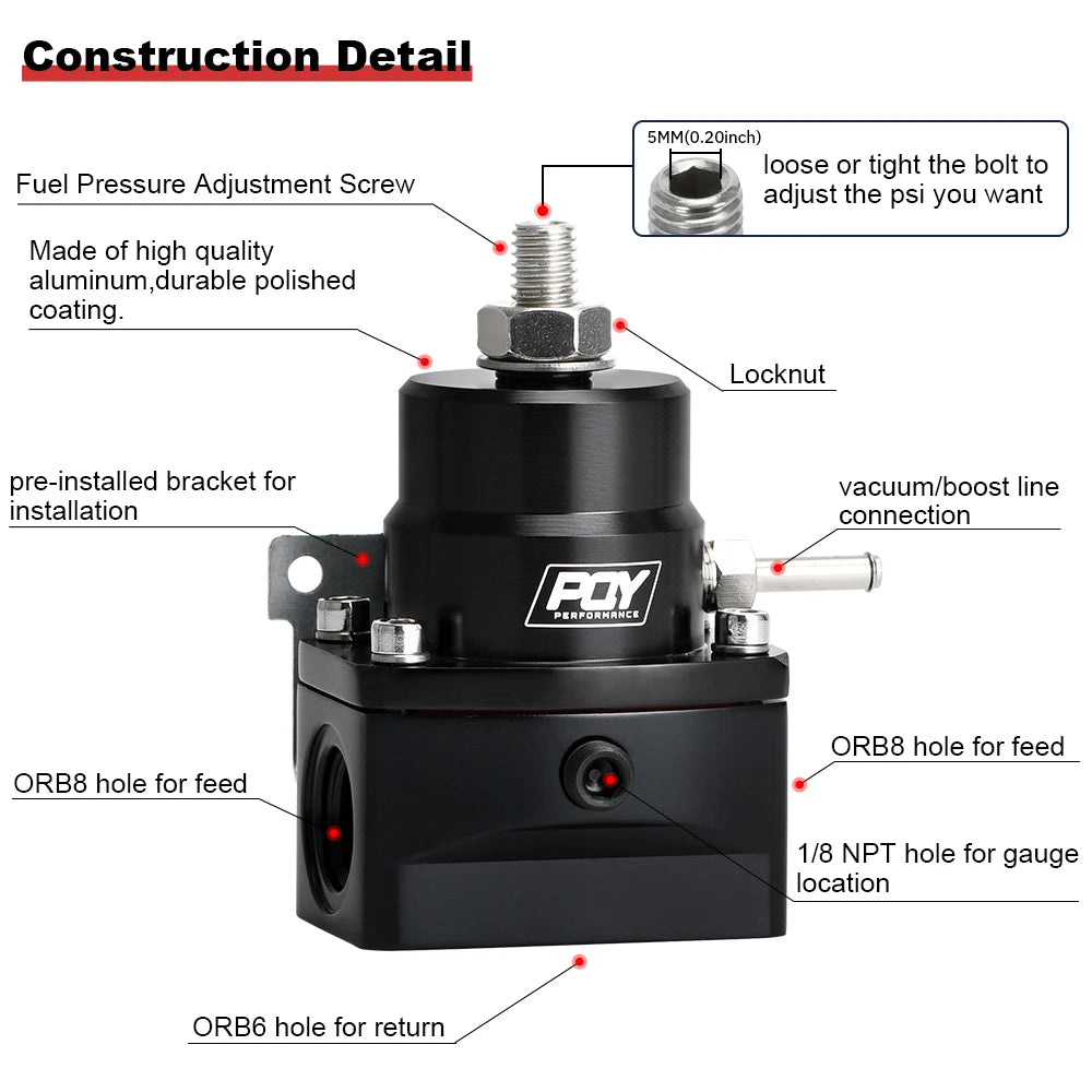 Universal Adjustable Fuel Pressure Regulator Kit | AN8 Feed, AN6 Return, 0–160 PSI Gauge