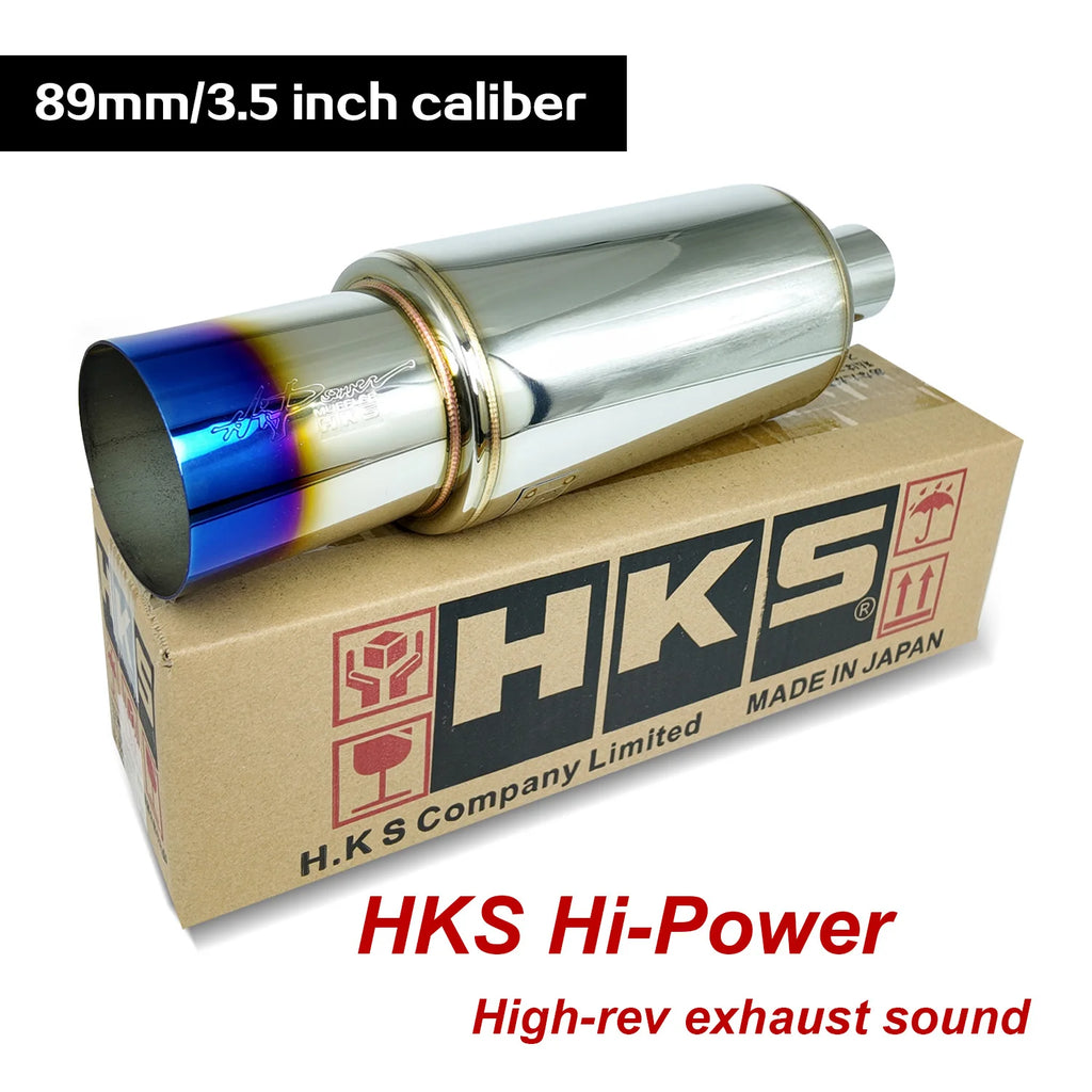 Universal 3.5" 89mm HKS Hi-Power Exhaust Muffler, High Rev Sound,Titanium Burnt Tip, High Flow Racing Sound Muffler