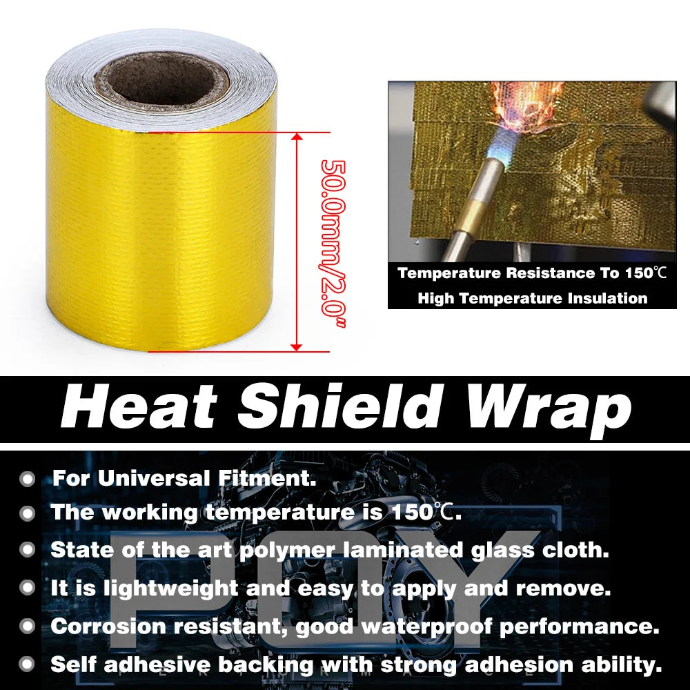 Gold Exhaust Heat Shield Tape | High Temperature Reflective Wrap | Self-Adhesive Thermal Insulation | Multiple Sizes