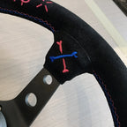 VERTEX Universal Racing Steering Wheel Black Spoke Suede Embroidered Sports Steering Wheel With 6 Holes