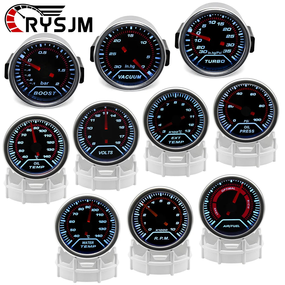 52mm LED Racing Gauge – Smoke Lens | Turbo Boost, Oil Pressure, Oil Temp, Water Temp & More