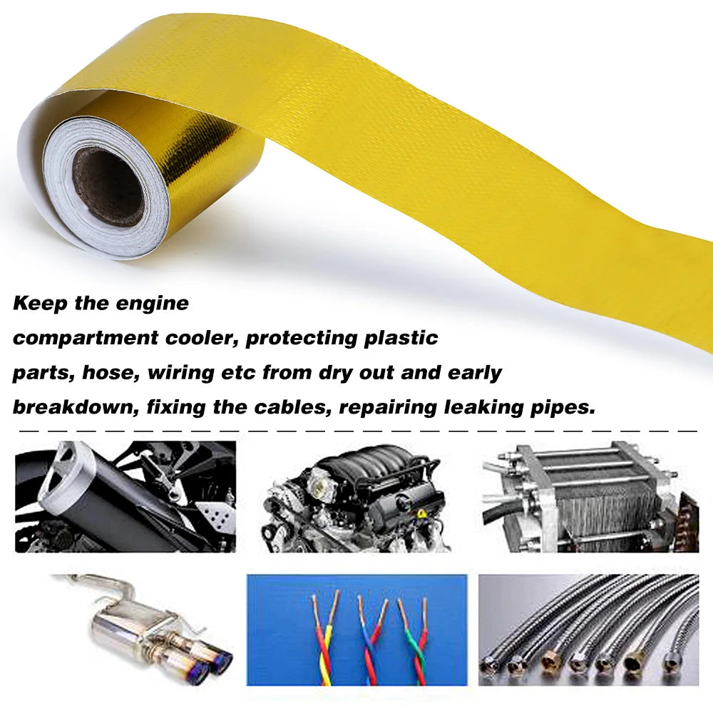 Gold Exhaust Heat Shield Tape | High Temperature Reflective Wrap | Self-Adhesive Thermal Insulation | Multiple Sizes