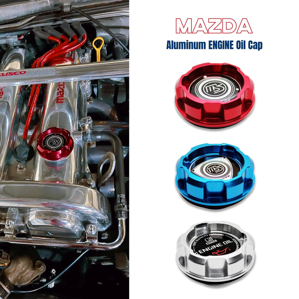 Billet Aluminum Engine Bay Cap Set | Oil Filler Cap & Radiator Cap Cover | Mazda RX-7, RX-8, MX-5 Miata, Protegé, 323 & More