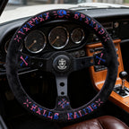 VERTEX Universal Racing Steering Wheel Black Spoke Suede Embroidered Sports Steering Wheel With 6 Holes